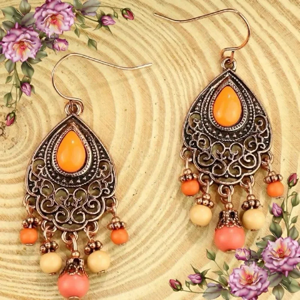 Zinc Alloy Vintage Bead Tassel Drop Earrings fall vibes autumn colors‎